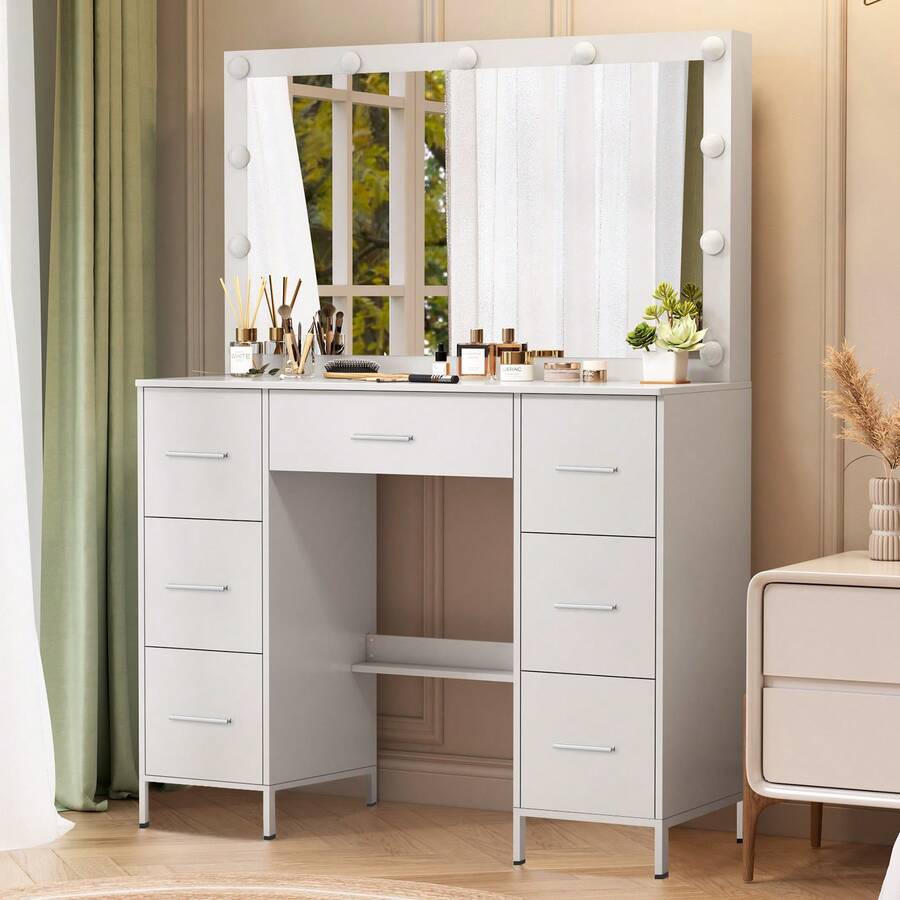 White Dressing Table With Led Lighting Mirror, Drawers & Large LED Mirror, 11 LED Bulbs Adjustable Brightness, Vanity Makeup Desk With LED Mirror Bedroom, Modern Design Bedroom Furniture