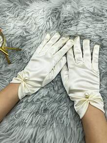 1 双女士新娘婚礼手套，缎面腕长歌剧手套，带珍珠装饰，正式派对礼服手套秋季配饰