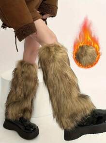 1 par de cubiertas de pierna con pelaje, calcetines y cubiertas de botas de piel sintética de estilo retro Y2K y moderno para chicas, cubiertas de calcetines peludos adelgazantes de estilo europeo y americano, adecuado para uso diario