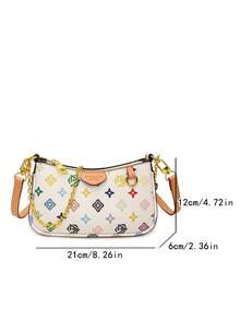 PU 皮革女士链条肩包，撞色字母印花时尚腋下包，适合斜挎、单肩或法棍包，可爱适合日常购物