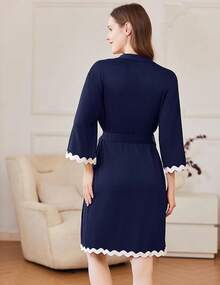 Women Kimono Robe 3/4 Sleeves Loungewear Dress Knee Length Sleepwear Pockets Housecoat Short Bathrobe S-XXL - 藏蓝色 - 查看 5