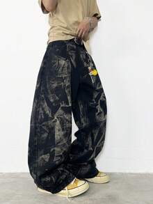 1 Stück Herren Retro Amerikanischer High Street Zebra Gestreift Verwaschen Weites Bein Jeans, Bequeme Lässige Weite Denimhose, Grunge