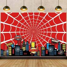 1 pièce Bannière de fond de photographie Toile d'araignée rouge pour soirée, paysage urbain de super-héros de dessin animé. Convient pour la décoration de fête d'anniversaire, de table de gâteau, de photomaton. Polyvalent, multi-taille.