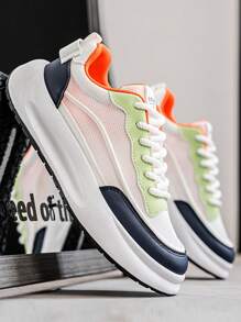 Men's Sneakers 2025 Summer New Breathable Mesh Shoes, PU Leather & Mesh Patchwork Thick Sole Shock Absorbing Chunky Sneakers, Classic Style Casual Outdoor Running Sneakers For Youths, Street Fashion Wear, Parties, Holidays, Slip Resistant Odor Resistant Comfortable Shoes For Spring, Summer And Autumn