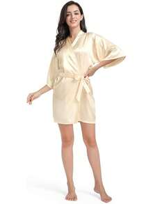 Damen Satin Kimono Braut Badmantel mit Goldenem Glitzer, Gürtel für Hochzeit Party, Brauttag Morgenmantel