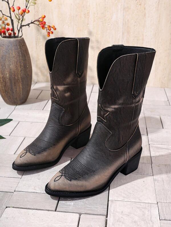 Botas occidentales de talla media con punta puntiaguda y tacón grueso bordadas, color gris; Botas tipo vaquero de tacón grueso y diseño de bloques de color, versátiles y de moda; Botas de tobillo cortas con estampado de salpicaduras