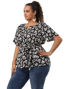 Women's Plus Size Summer Vacation Floral Tops Short Sleeve Tie Waist Floral Print Blouse Peplum Summer Top - Black - View 3