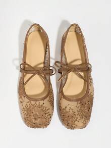 Women Brown Flat Ballet Flats With Bowknot & Floral Embroidery Decor, Summer Breathable Hollow Mesh Sandals, Square Toe Glitter Wide Fit Mary Jane Shoes - màu nâu - Xem 4