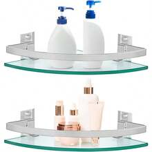Sanbege 2 estantes de esquina de vidrio templado con riel y soportes, organizador de ducha flotante de 9.5 x 9.5 pulgadas, organizador de soporte de champú montado en la pared para baño, cocina, sala de estar - Ninguno - Ver 4