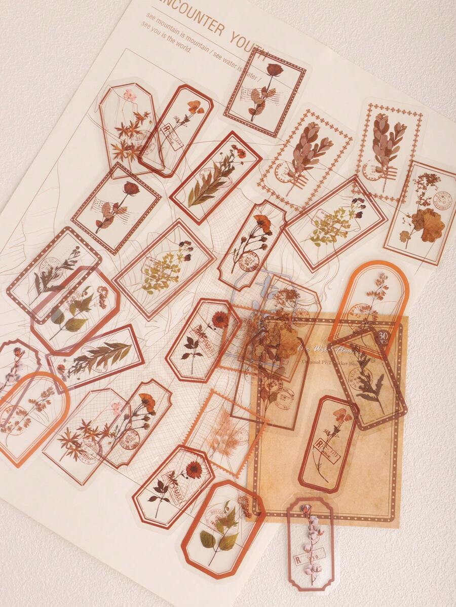 30 Stücke PET Pflanzendekoration Aufkleber, Vintage Rahmen Aufkleber, Pflanzen & Blumen Dekor Aufkleber, transparente wasserfeste DIY Sammelalbum Dekoration Aufkleber Schulmaterial, Schulanfang