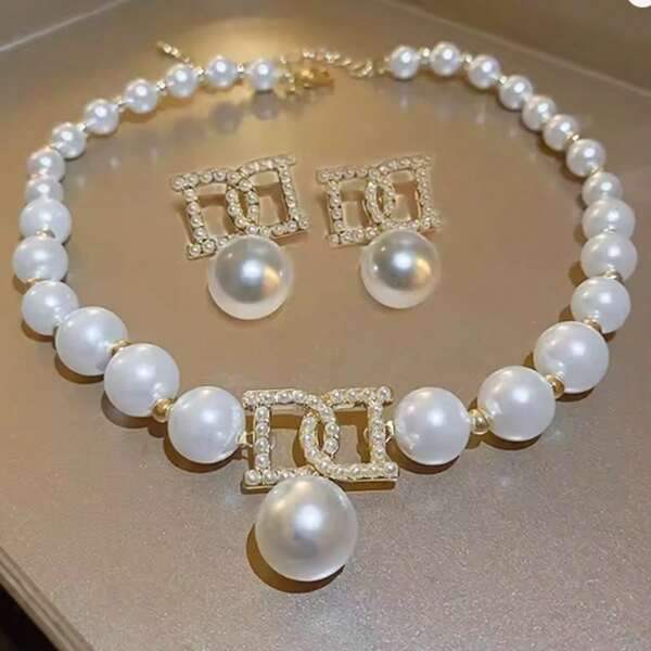 3pcs Luxury Exaggerated Letter & Large Pearl Necklace Earrings Set, Women's Personalized Versatile Gift, Suitable For Daily Wear