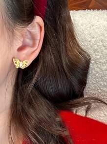 1 Pair Stainless Steel Fashionable, Simple, Versatile, Vintage, Delicate Gold Brush Finished Butterfly Earrings, Suitable For Women Daily Wear