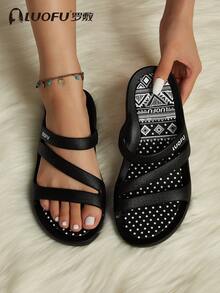Nuevas sandalias de verano impresas de moda para mujer LUOFU, cómodas con suela intermedia de goma, chanclas casuales para exteriores, calzado de playa, zapatillas antideslizantes para la casa - Negro - Ver 2
