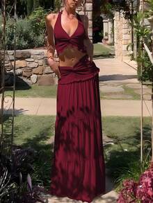 女士休闲褶皱荷叶边修身露脐吊带上衣和半身裙 春夏派对度假夜生活两件套