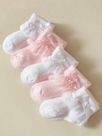 5 Pairs Baby Girls Bow Decor Breathable Lace Trim Ankle Socks, Suitable For Daily Life/Travel