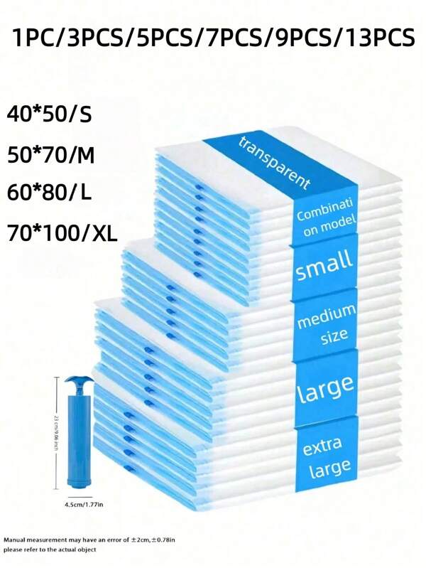 13/9/7/5/3/1pc Extra Large Vacuum Storage Bags With Manual Pump - Airtight Compression, Dustproof, Durable Zipper Closure, Suitable For Travel Essentials, Clothes, Bedding And Space Saving Organization, Clothes Vacuum Storage Bags, Wardrobe Organizer, Transparent Design, Airtight Seal