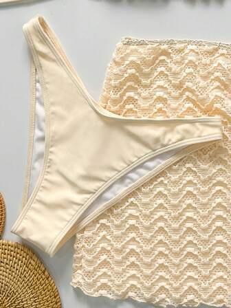 Bikinx 3pcs Women Solid Color Halter Bikini Set With Beaded Details And Split Skirt Cover-Up, Casual Sexy High Stretch Backless Tie Back Textured Beachwear