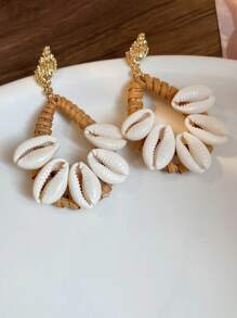 1 Pair Handmade Raffia Straw Woven Seashell Earrings, Drop/Diamond/Triangle/Circle Dangle Earrings, Boho Exaggerated Earrings For Beach, Vacation, Gatherings, Party Wear