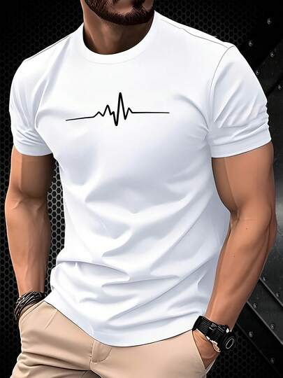 Camiseta de Manga Corta para Hombre con Estampado 3D de Latidos Cardíacos – Cuello Redondo, Poliéster Ligero, Lavable a Máquina, Ajuste Cómodo para Todas las Estaciones