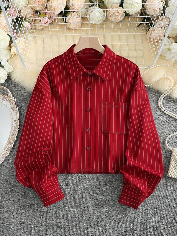 Cămăși casual versatile la modă, cu dungi albe, cu mânecă lungă, cu un singur rând de nasturi, cu guler și nasturi, pentru femei