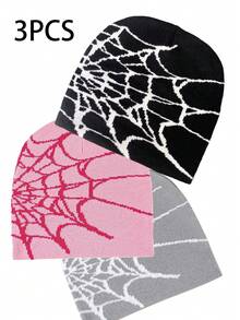 3 件蜘蛛网休闲街头风格腈纶混纺拼色针织帽，适合日常穿着秋季配饰 - 彩色 - 查看 5
