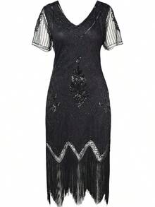 Disfraz Completo Años 20 Para Mujer Estilo Charleston Con Vestido De Flecos Y Lentejuelas, Incluye Cinta Con Plumas, Collar De Perlas De 180 Cm, Guantes, Medias Y Boquilla, Ideal Para Fiestas Temáticas Y Halloween
