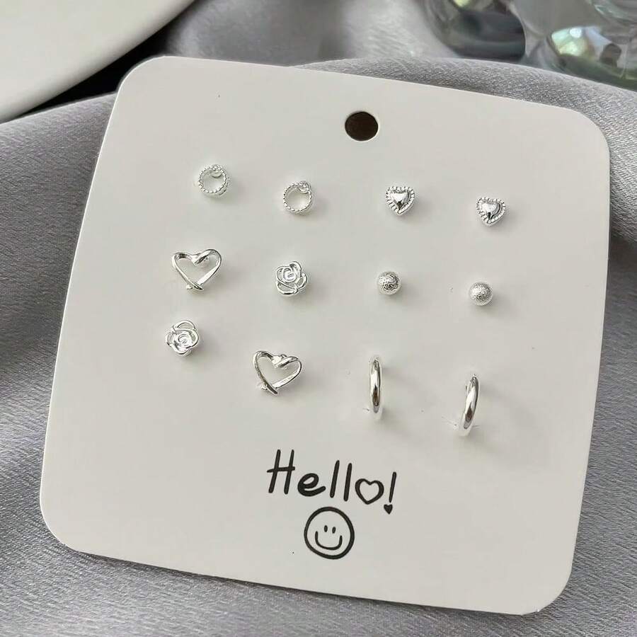 6pairs/Set Silver Plated Simple Heart And C Shape Stud Earrings For Women Gifts For Mom Or Girlfriend