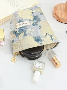 1 PC Dark Gold Embossed Large Floral Portable Back To School Halloween Make Up Bag, Fashionable And Casual Large Capacity Portable Zipper Makeup Bags, Travel And Vacation Essentials Cosmetic Bags For Sanitary Napkins, Pouch Pads, Wired Earphones, Earpods, Headphones, Charger, Lipsticks, Cosmetics, Perfume, Skin Care And Beauty Products, Home Decor