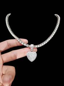 1pc Cubic Zirconia Heart Pendant With 5mm Tennis Chain, Unisex Hip Hop Vintage Pendant Necklace, Suitable For Daily Wear Or Party, Gift For Valentine