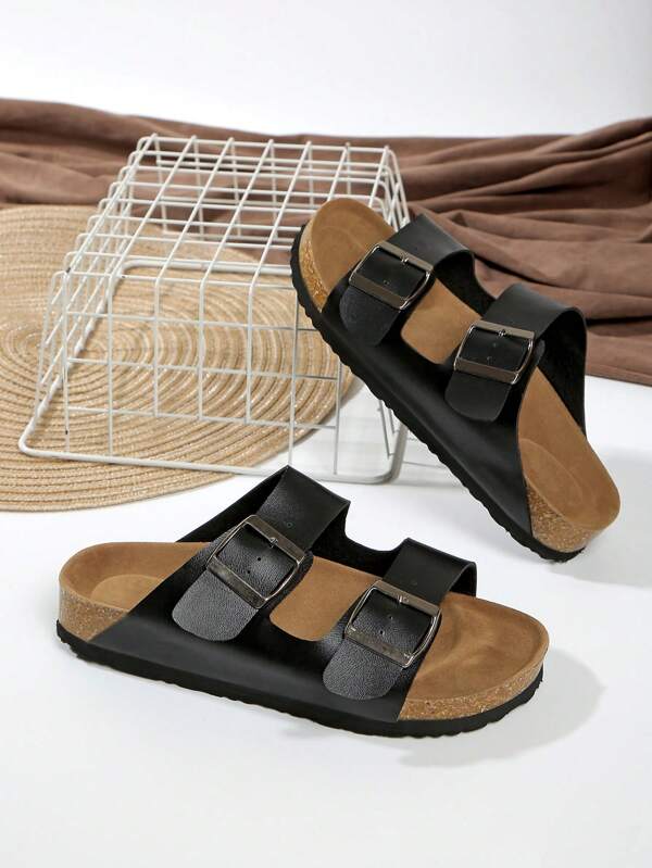 Sandali da uomo alla moda per l estate 2025, con suola interna in sughero morbido e ammortizzante, ciabatte scorrevoli, calzature casual da spiaggia con fibbia metallica decorativa, sandali piatti unisex