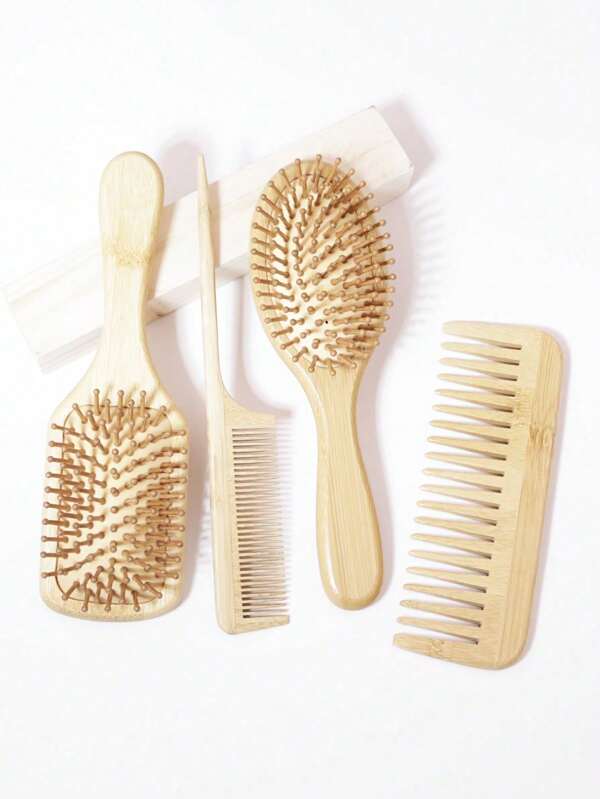 4pcs Paddle Hairbrush Set - Bamboo Brush And Wide Tooth Massage Curl Comb, Suitable For Men And Women With Thick Curly Hair, All Season
