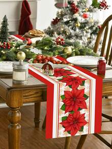1 buc. Traversă de masă de Crăciun fericit cu modele mari de Poinsettia roșii, 35*180cm, husă de masă de Crăciun din poliester, decorațiuni de Crăciun pentru casă 2025, decor pentru masă de bucătărie, decorațiuni festive pentru masă, temă de iarnă, decor pentru petrecere de Crăciun, Anul Nou fericit 2026