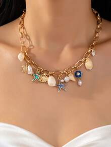 1 件夏季波西米亚风格海洋海滩度假贝壳、海星、海龟吊坠项链，适合度假、旅行、街头风格和日常穿着