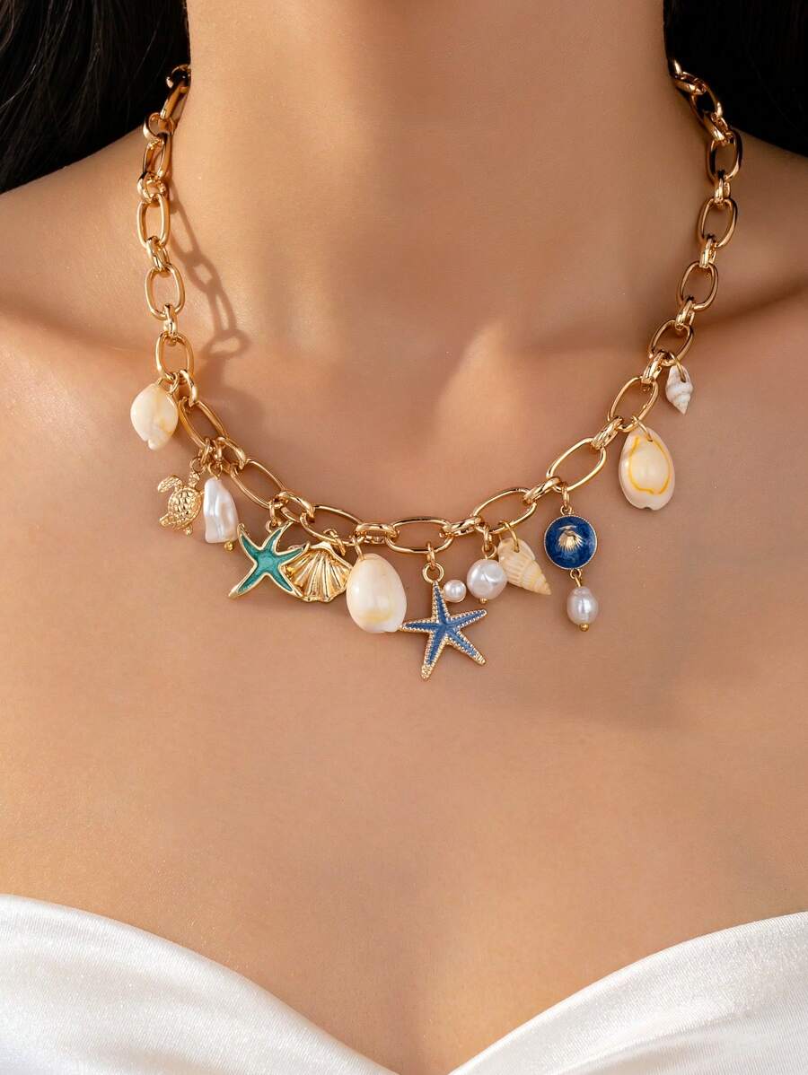 1 件夏季波西米亚风格海洋海滩度假贝壳、海星、海龟吊坠项链，适合度假、旅行、街头风格和日常穿着