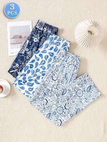 3 sztuki boho - eleganckie niebieskie spodnie wypoczynkowe z nadrukiem paisley i kwiatowym, jesienne ubrania