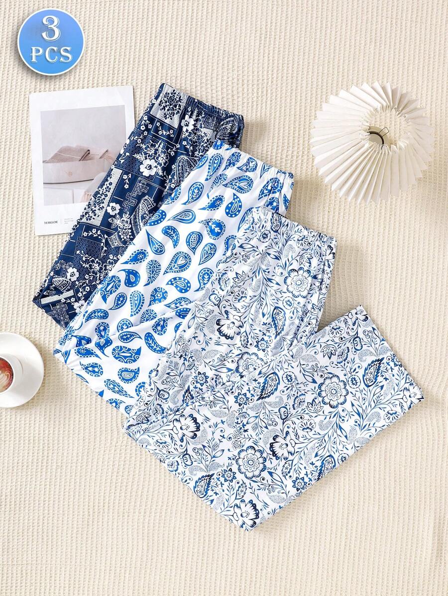 3 sztuki boho - eleganckie niebieskie spodnie wypoczynkowe z nadrukiem paisley i kwiatowym, jesienne ubrania