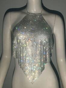 Women's Metallic Chain Rhinestone Necklace Strap, Shiny And Suitable For Music Festivals, Carnivals, Parties For Rave