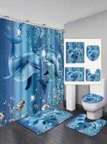 1/4 Stücke Set mit niedlichem Cartoon Delfin Strass-Sprühfarbe Meereskreatur moderne Kunst Dekoration, enthält 12 Haken wasserdichter Duschvorhang, rutschfeste Badematte, U-förmiger Toilettendeckel, Heim Dekoration Geschenk Schulanfang
