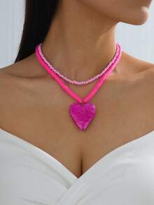 1 Set Includes 1 Pink Seed Bead Necklace & 1 Rose Red Soft Ceramic Beaded Necklace With Heart Pendant, Suitable For Summer Vacation And Daily Wear - Hot Pink - View 1