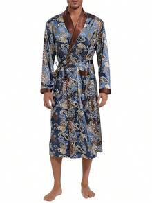 Lavenderi Mens Silky Satin Lounge Robe, Long Lightweight Sleepwear - Estilo retro azul - Ver 1