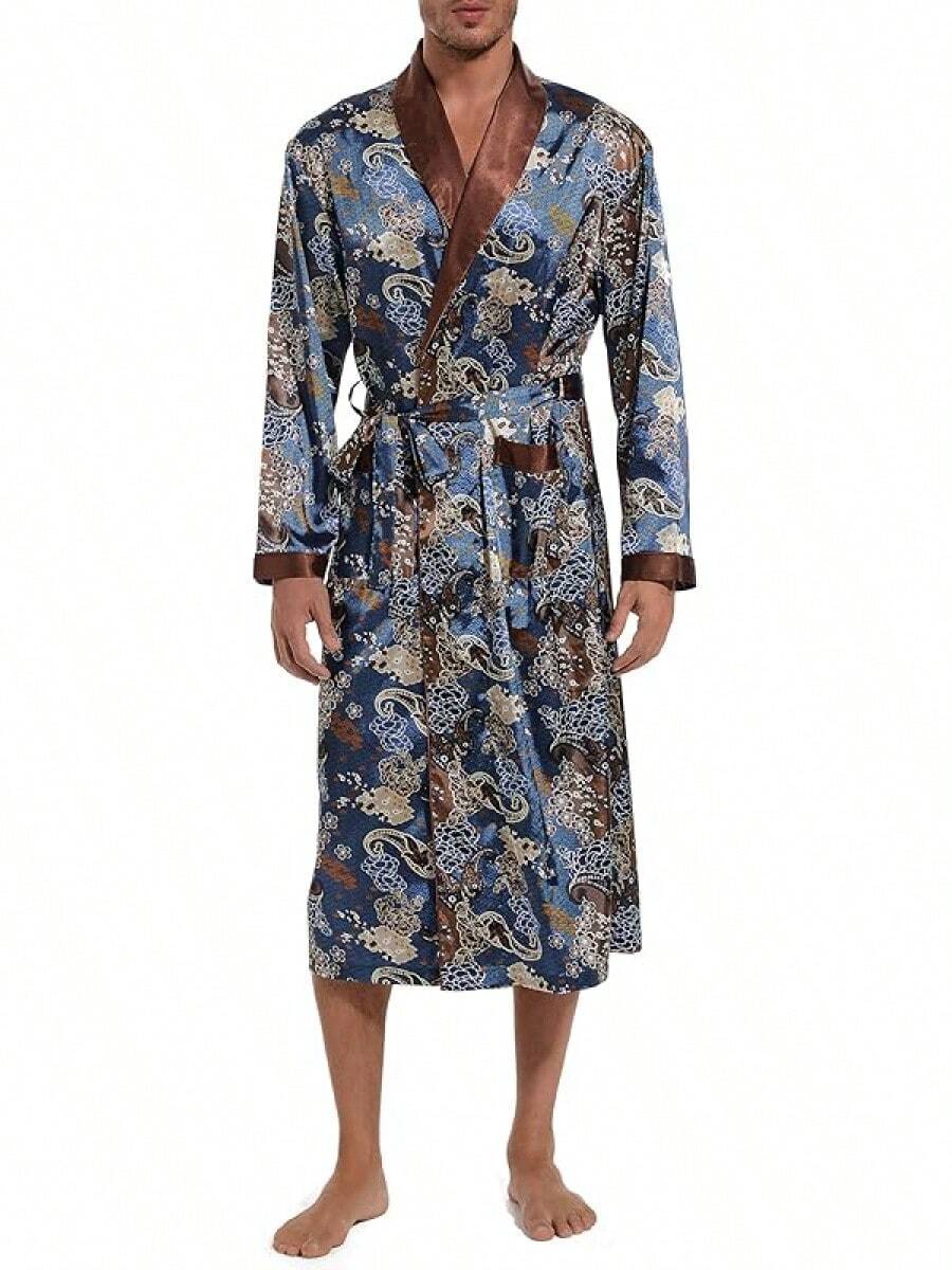 Lavenderi Mens Silky Satin Lounge Robe, Long Lightweight Sleepwear - Estilo retro azul - Ver 1