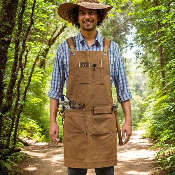 Woodworking Apron For Men With Tool Pockets, Heavy Duty Waxed Canvas Apron, Gifts For Men, Adjustable Cross Back Straps - Suitable For Workshop Mechanics, Technicians, Carpenters, Blacksmiths, And Gardeners.