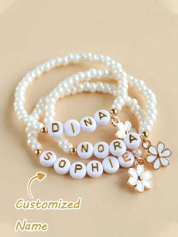 1pc Customized Name Pearl Bracelet, Unisex, Shower Gift, Best Friend Gift, Name Bracelet, Daisy Name Bracelet, Children Bracelet, Charming Spring/Summer Accessory, Customized Name Bracelet For Women, Vivid Color Birthday Party Gift, Back To School Gift, Children's Day Gift, Suitable For Teenagers