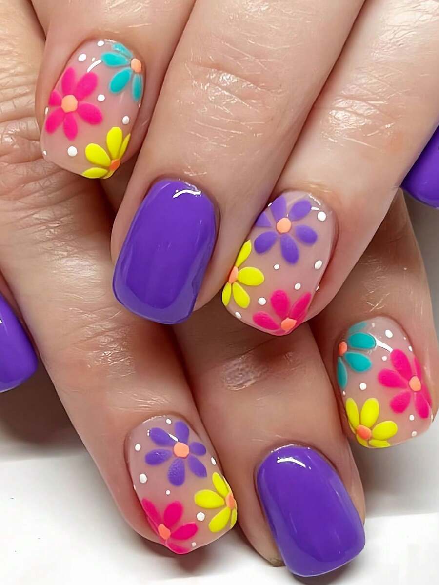 24pcs Blue Square Short Press-On Nails, Colorful Floral Pattern, Nail Art Supplies, Spring/Summer - Multicolor - View 1