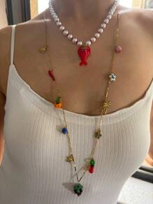 Monlansher New Arrival Women Stainless Steel Multi-Pendant Necklace, Featuring Ceramic, Glaze, Enamel And Stainless Steel Elements In Design, Versatile & Fashionable Long Necklace