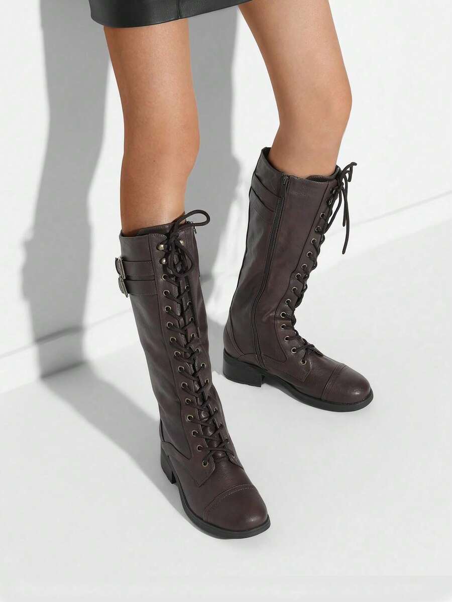 Women's Camel Faux Leather Pu Knee High Riding Combat Boots - 棕色 - 查看 1