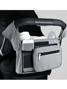 1pc Black Baby Stroller Hanging Storage Bag, Multi-Functional Diaper Caddy With Cup Holder, Detachable Phone Pouch And Shoulder Strap, Portable Design