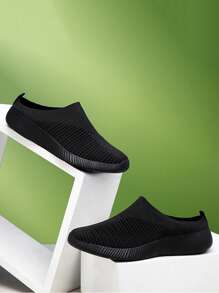 Women's Black Breathable Knit Casual Flat Slip-On Shoes, Lightweight & Comfortable