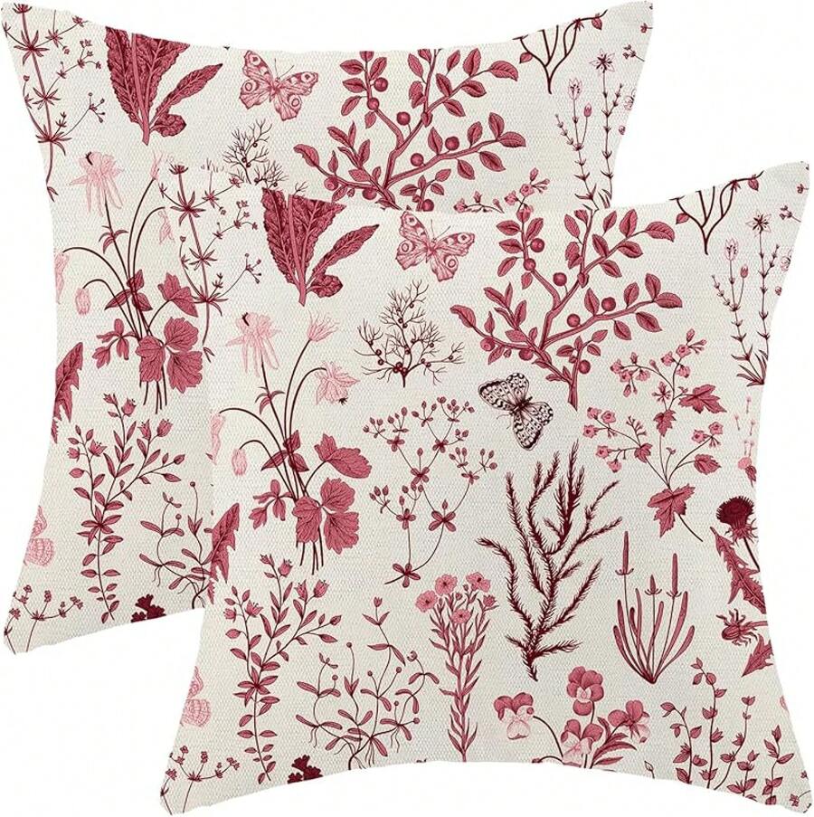AEIOAE Spring Pillow Covers 18x18 Inch Set Of 2,Sage Wild Flower Plant Throw Pillows Case,Seasonal Floral Outdoor Decorative Square Linen Farmhouse Decor Cushion Covers For Home Sofa Bed Couch - Red - View 1