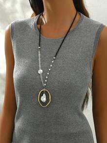 1pc Personalized Dual-Tone Beaded & Faux Pearl Women Necklace, Suitable For Gift & Daily Wear - Multicolor - View 2